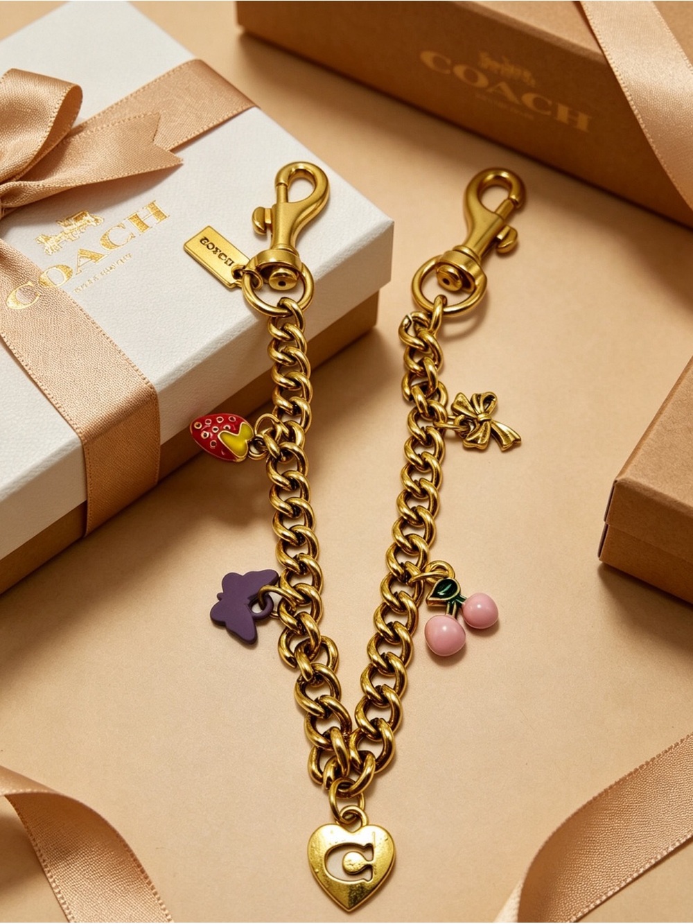🍒 Coach Fruit & Butterfly Multi Charm Curb Chain Bag Charm Keychain